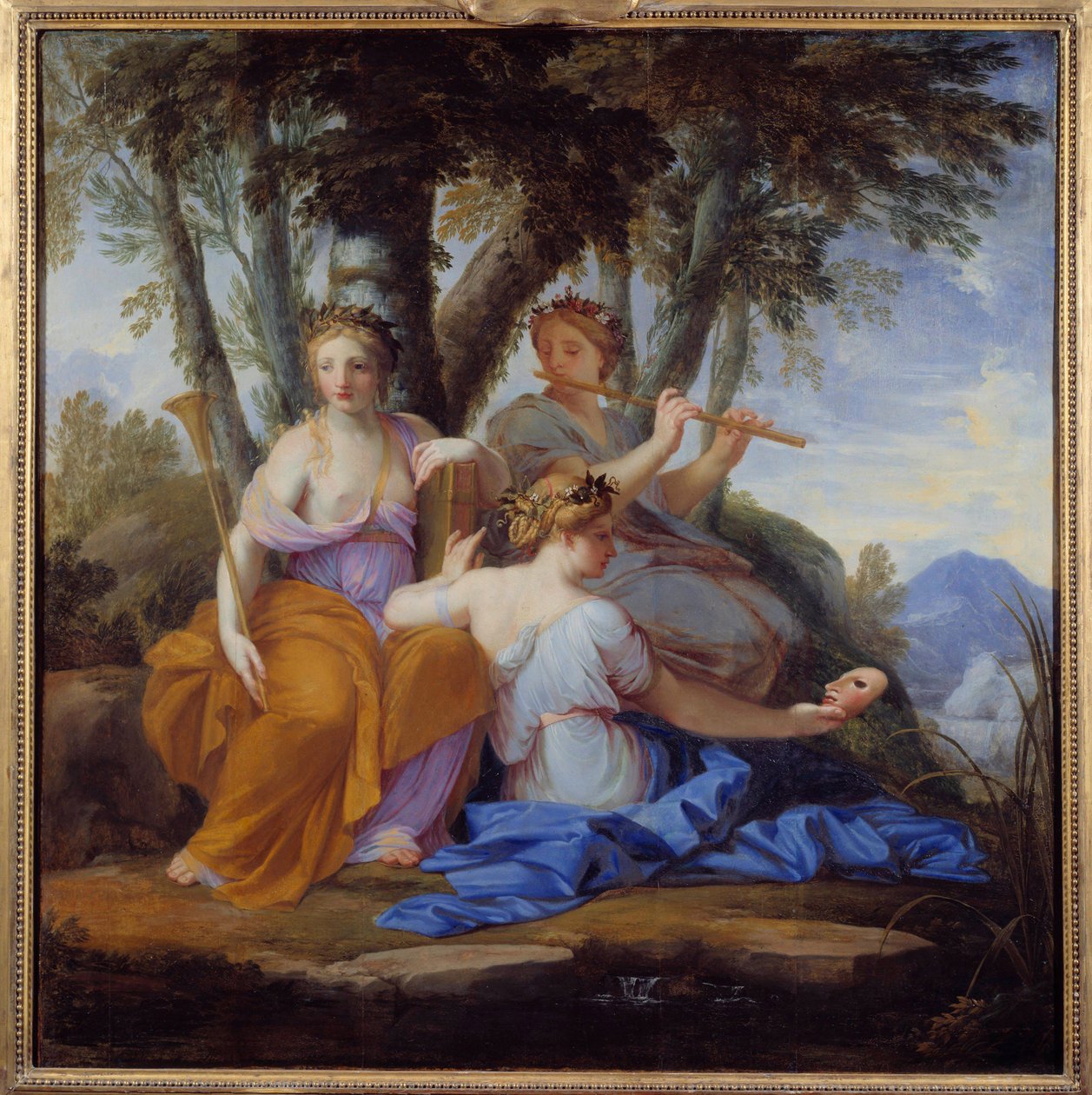 As musas Clio, Euterpe e Thalie Elles são respectivamente as musas da História, da Música e da Comédia. de Eustache (studio of) Le Sueur