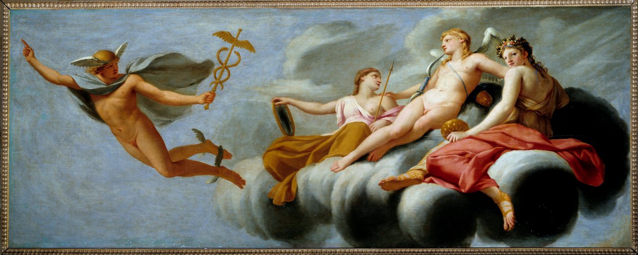 Cupido ordena a Mercúrio que anuncie seu poder para o universo Hermes deixou de ter o seu atributo. Pintura de Eustache Le Sueur (1617-1655) 1646 Sol. 1x2,5 m . de Eustache Le Sueur