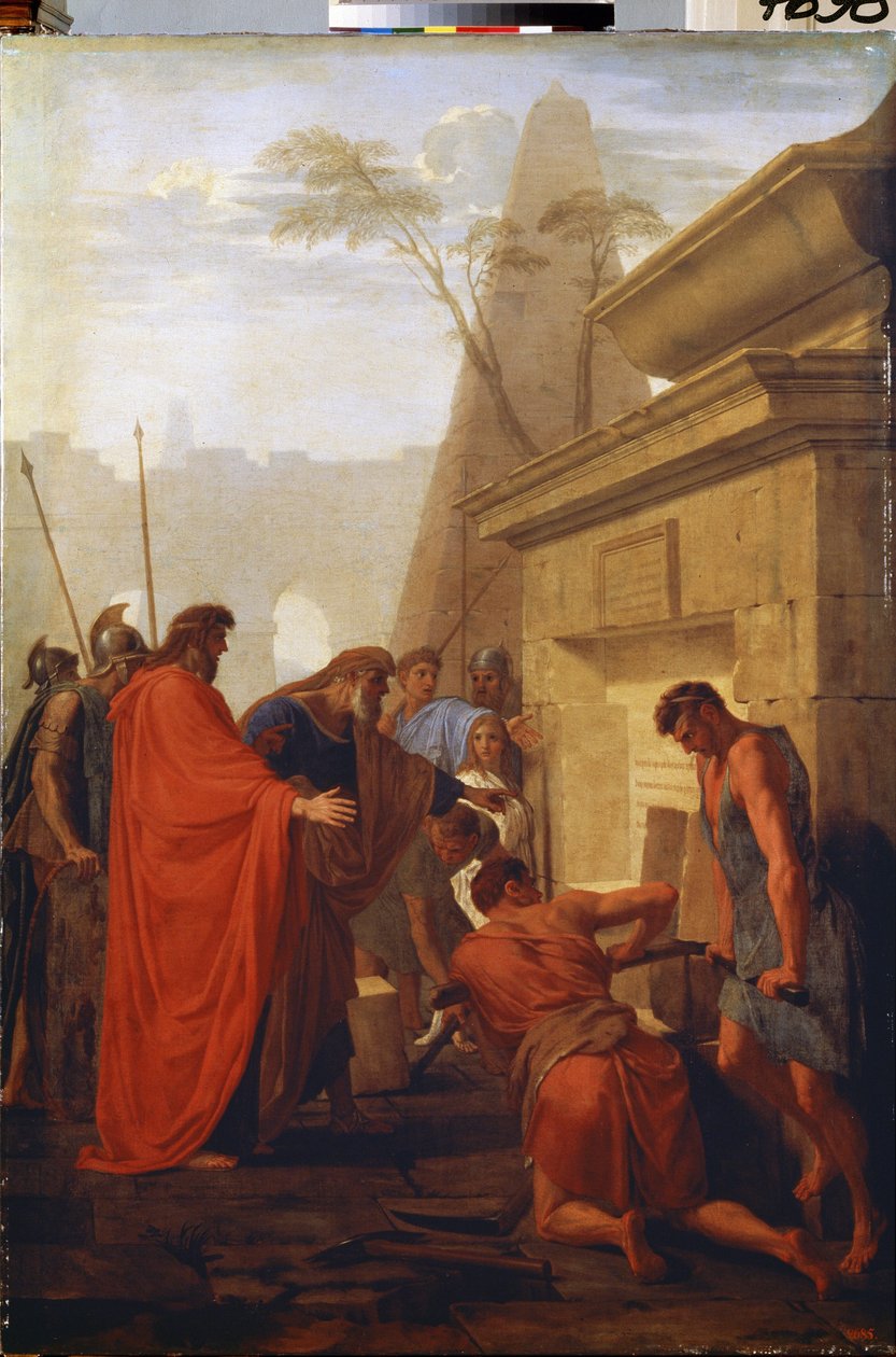 ""Darius abre o túmulo de Nitocris"" (Darius Hystaspes Opens the Tomb of Nitocry) O rei da Pérsia Dario I, o Grande (século 5 aC) abre o túmulo da rainha da Babilônia Nitocris, que havia feito uma sepultura em seu túmulo que seu sucessor de Eustache Le Sueur