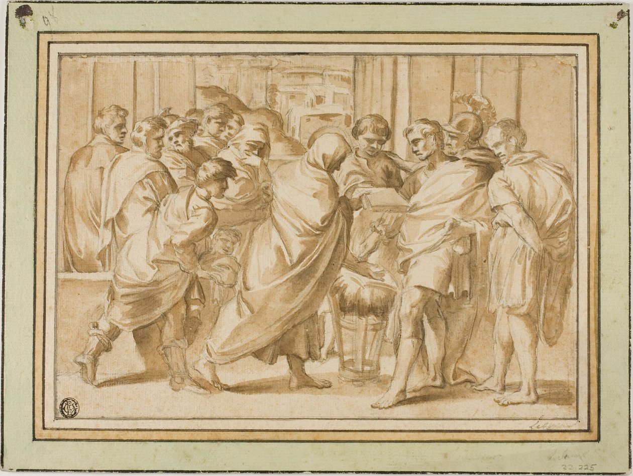 Cena da história romana, com figura drapeada apresentando o livro ao governante de Eustache Le Sueur