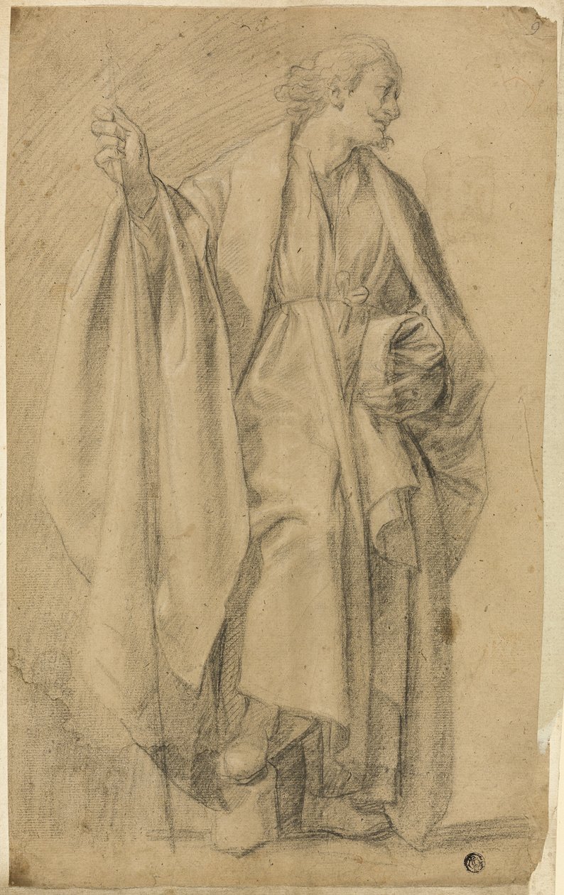Figura masculina drapejada em pé, segurando o bastão de Eustache Le Sueur