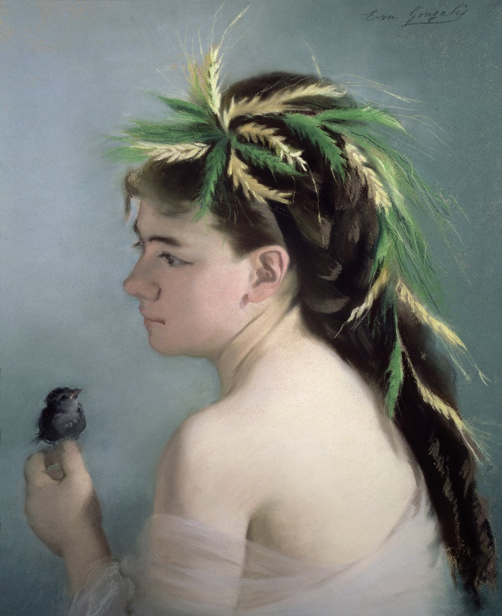 Retrato, de, um, menina, segurando, um, pardal, (pastel) de Eva Gonzalès