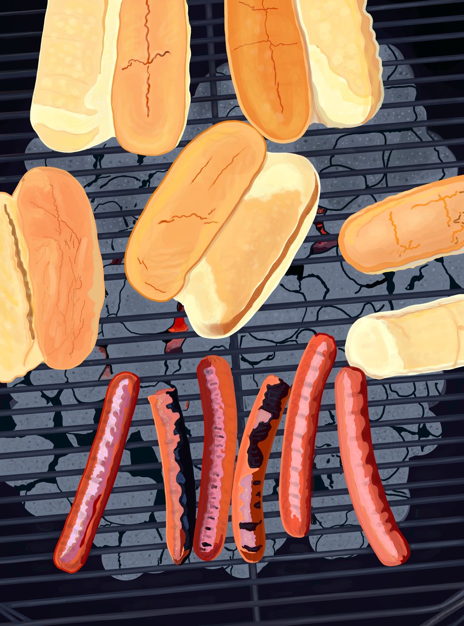 6 cachorros quentes no grelhador, lado sul de Streef (arte digital) de Evan Sklar