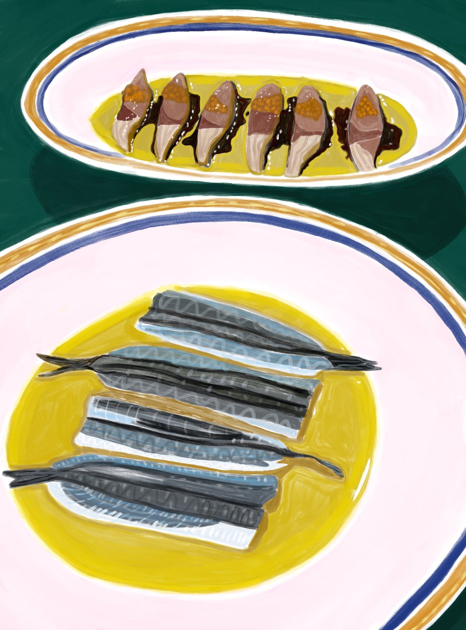 Anchovas e cavalas em azeite, Espanha, 2025 (arte digital) de Evan Sklar