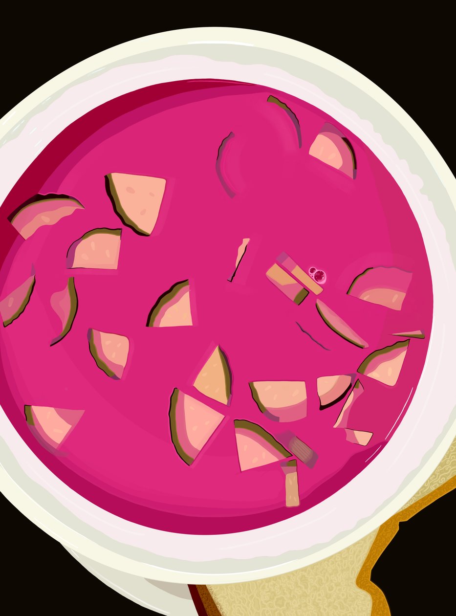 Tigela de Borscht com pepino fatiado e pão.jpg, c.2020-24 (arte digital) de Evan Sklar