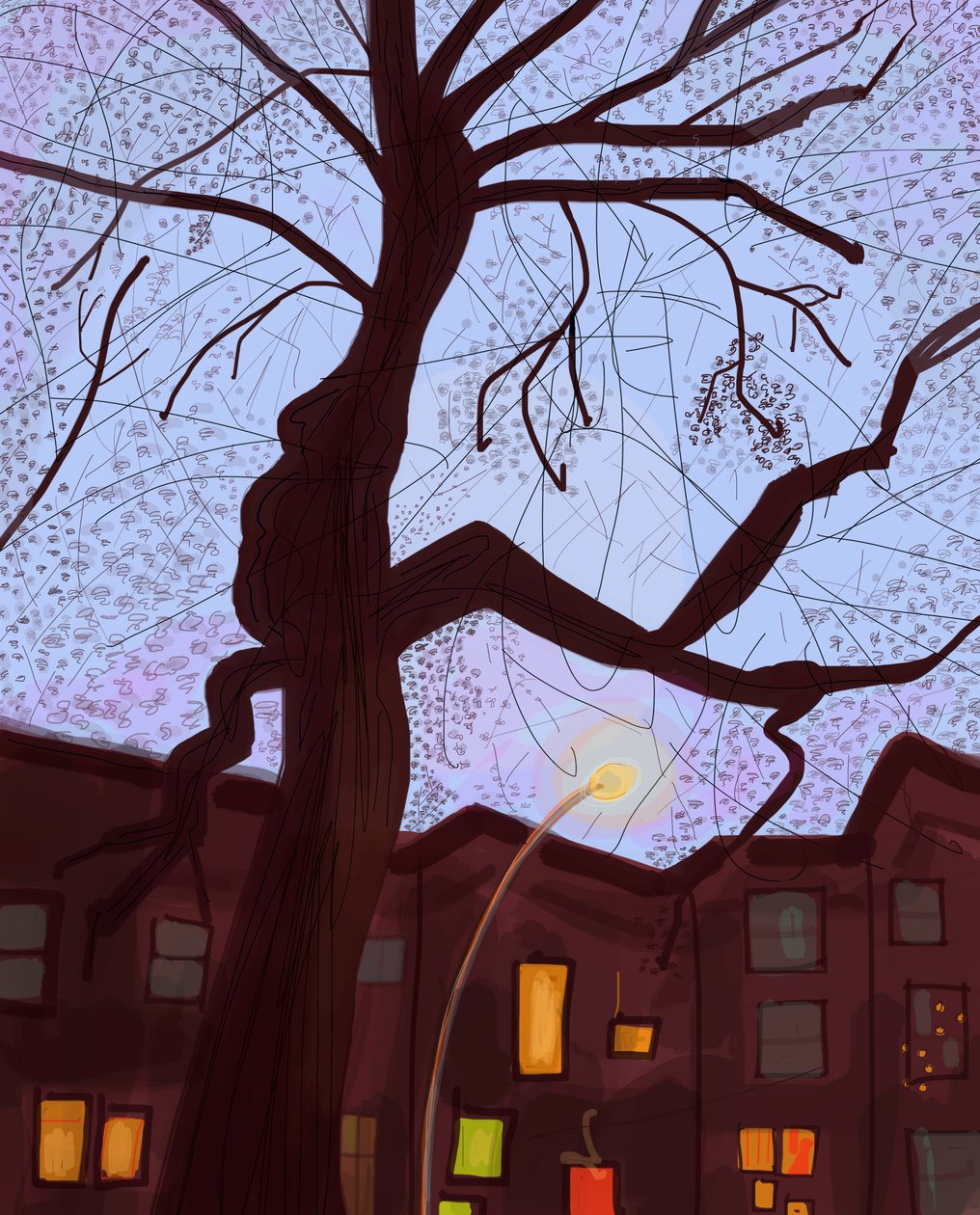 Brooklyn Brownstone Street At Dusk, 2016 (desenhado à mão num iPad com um lápis Apple) de Evan Sklar