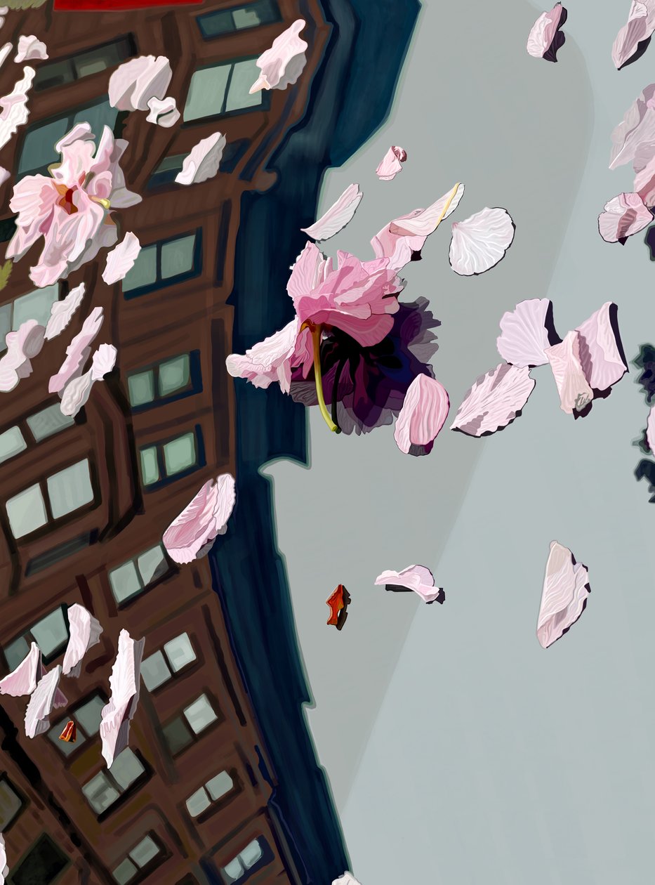 Flores de cerejeira sopradas no para-brisas do carro (arte digital) de Evan Sklar