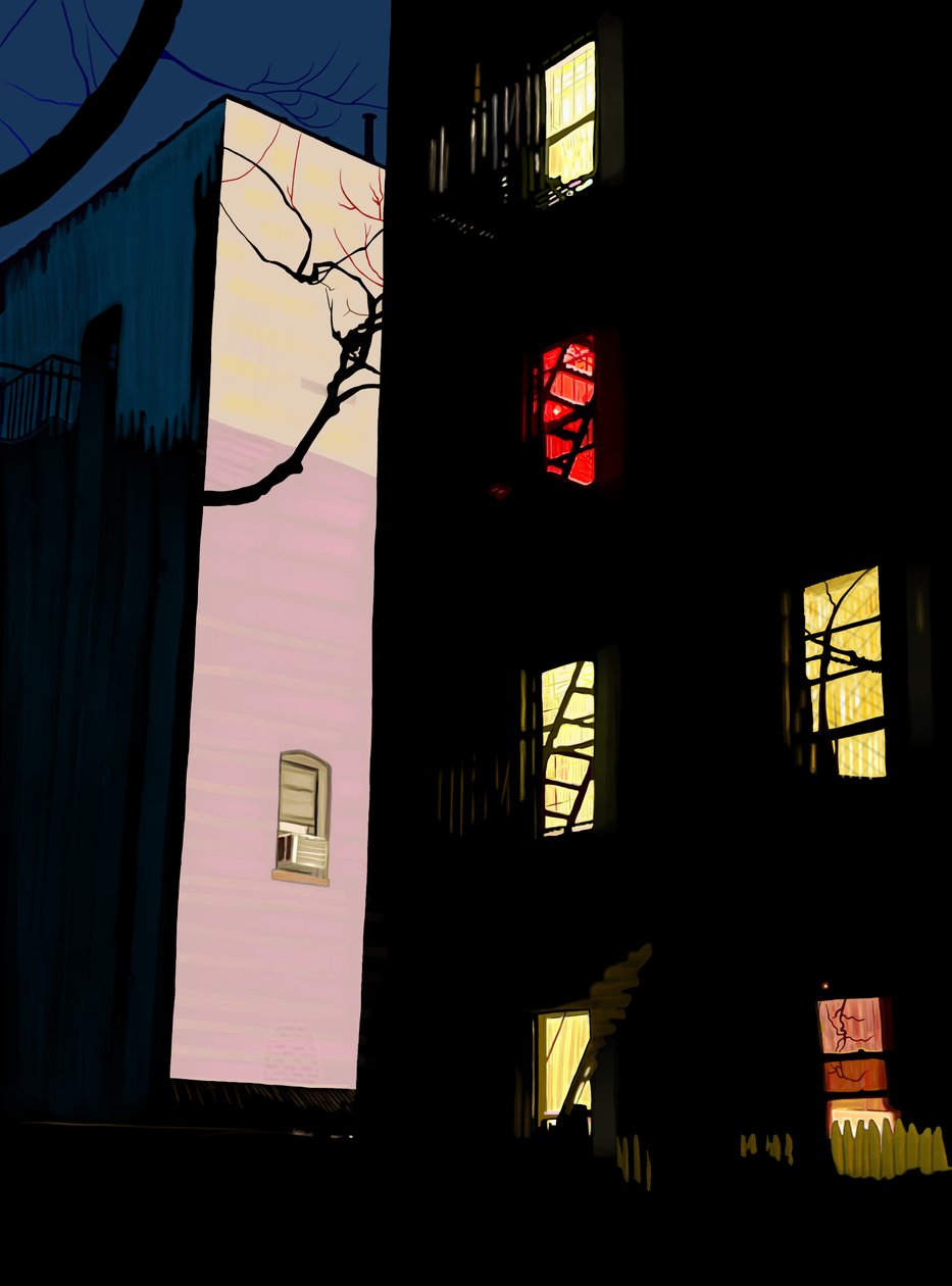 Janelas coloridas de prédios de apartamentos à noite Brooklyn (arte digital) de Evan Sklar