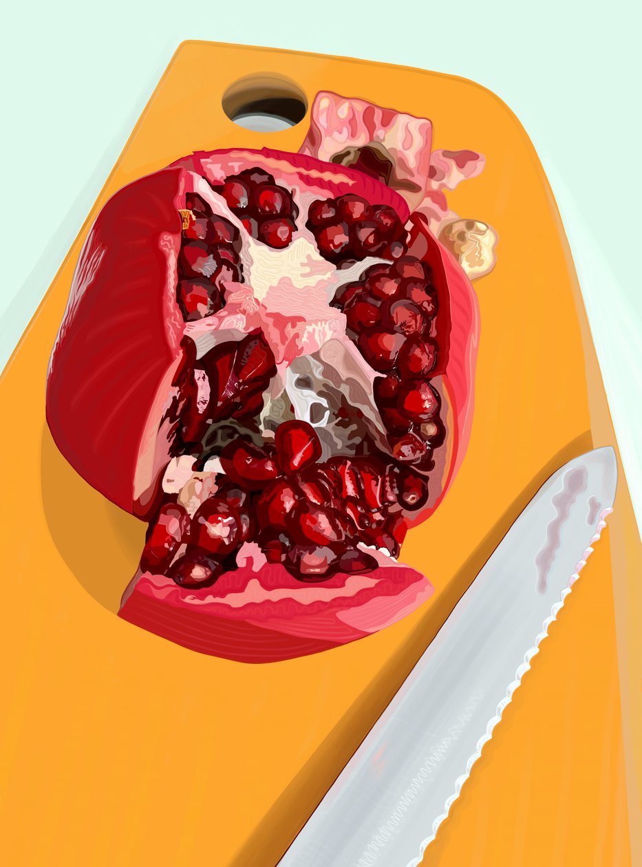 Romã cortada e Kife numa tábua de cortar (arte digital) de Evan Sklar