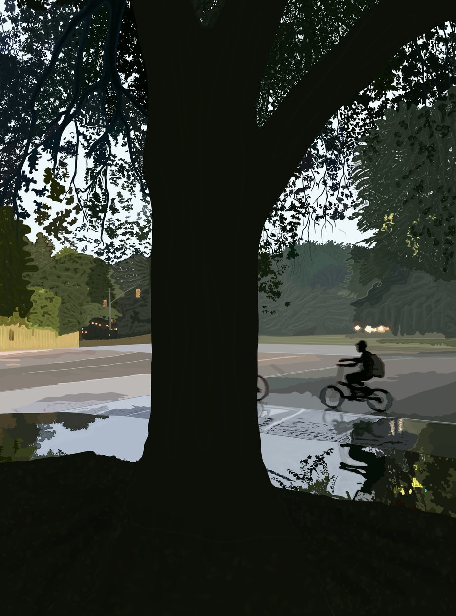 Ciclista e poça na rua de Brooklyn (arte digital) de Evan Sklar