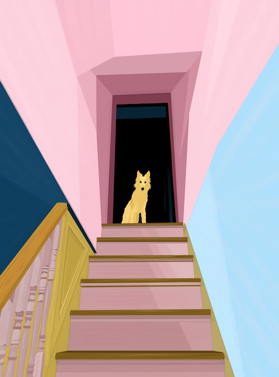 Cão no cimo de uma escada (arte digital) de Evan Sklar