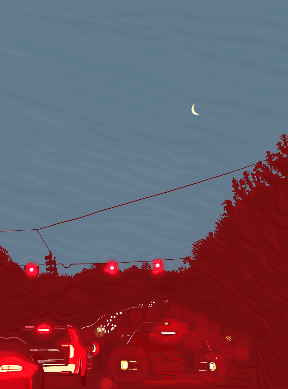 Condução para sul, seis e cinquenta e cinco da manhã, c.2020-24 (arte digital) de Evan Sklar