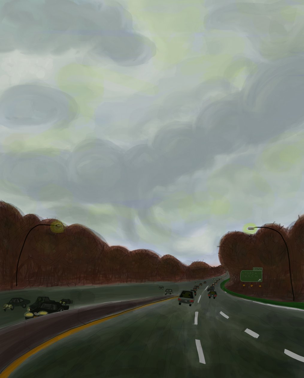 Driving the Long Island Expressway, 2017 (desenhado à mão num iPad com um lápis Apple) de Evan Sklar