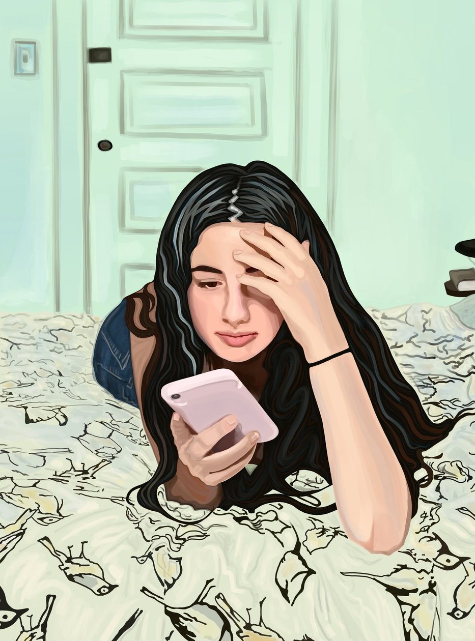 Rapariga na cama a olhar para o telemóvel (arte digital) de Evan Sklar