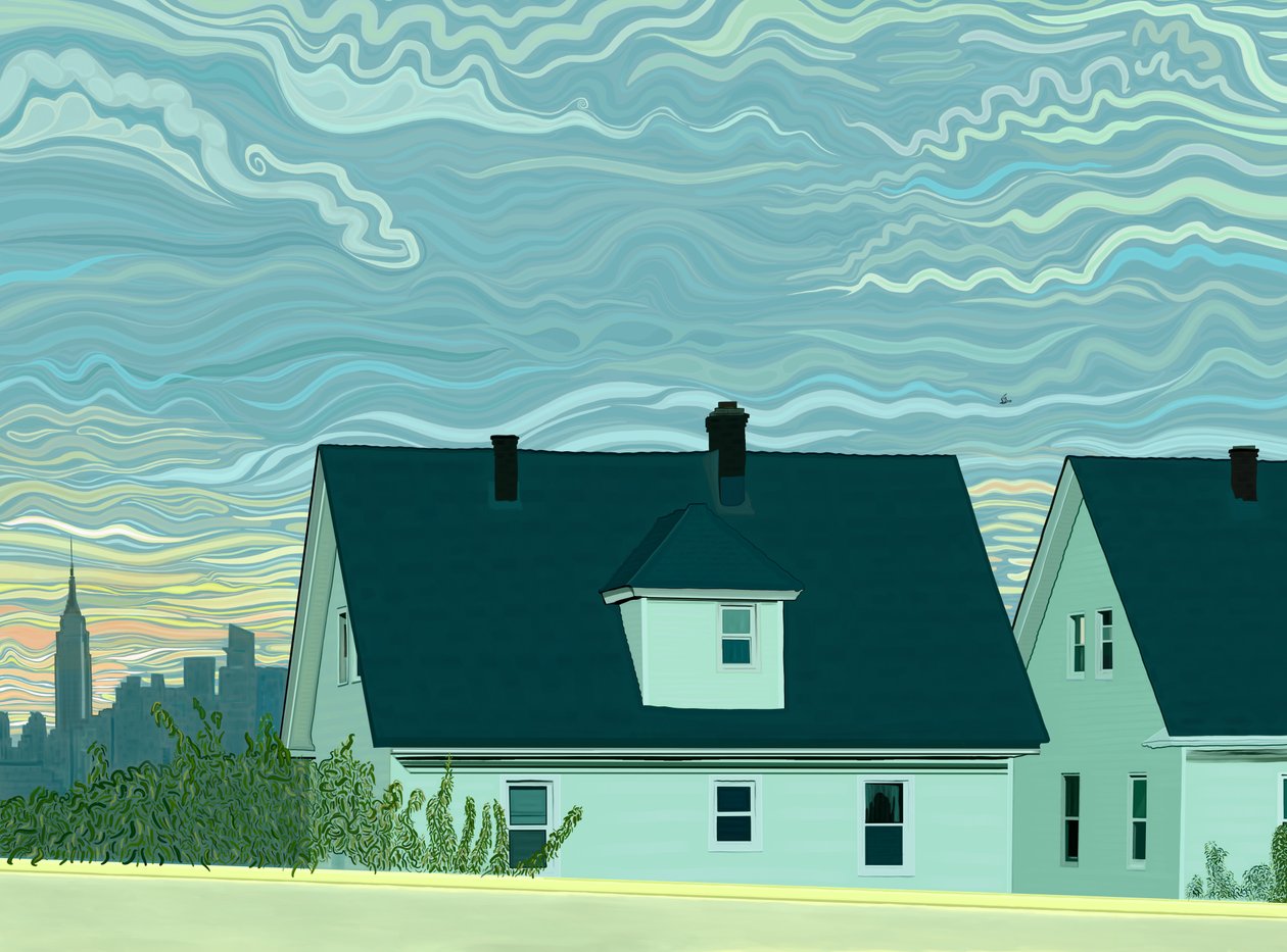 Casas verdes de madeira e a linha do horizonte de Manhattan vistas durante a condução na via rápida Brooklyn Queens (arte digital) de Evan Sklar