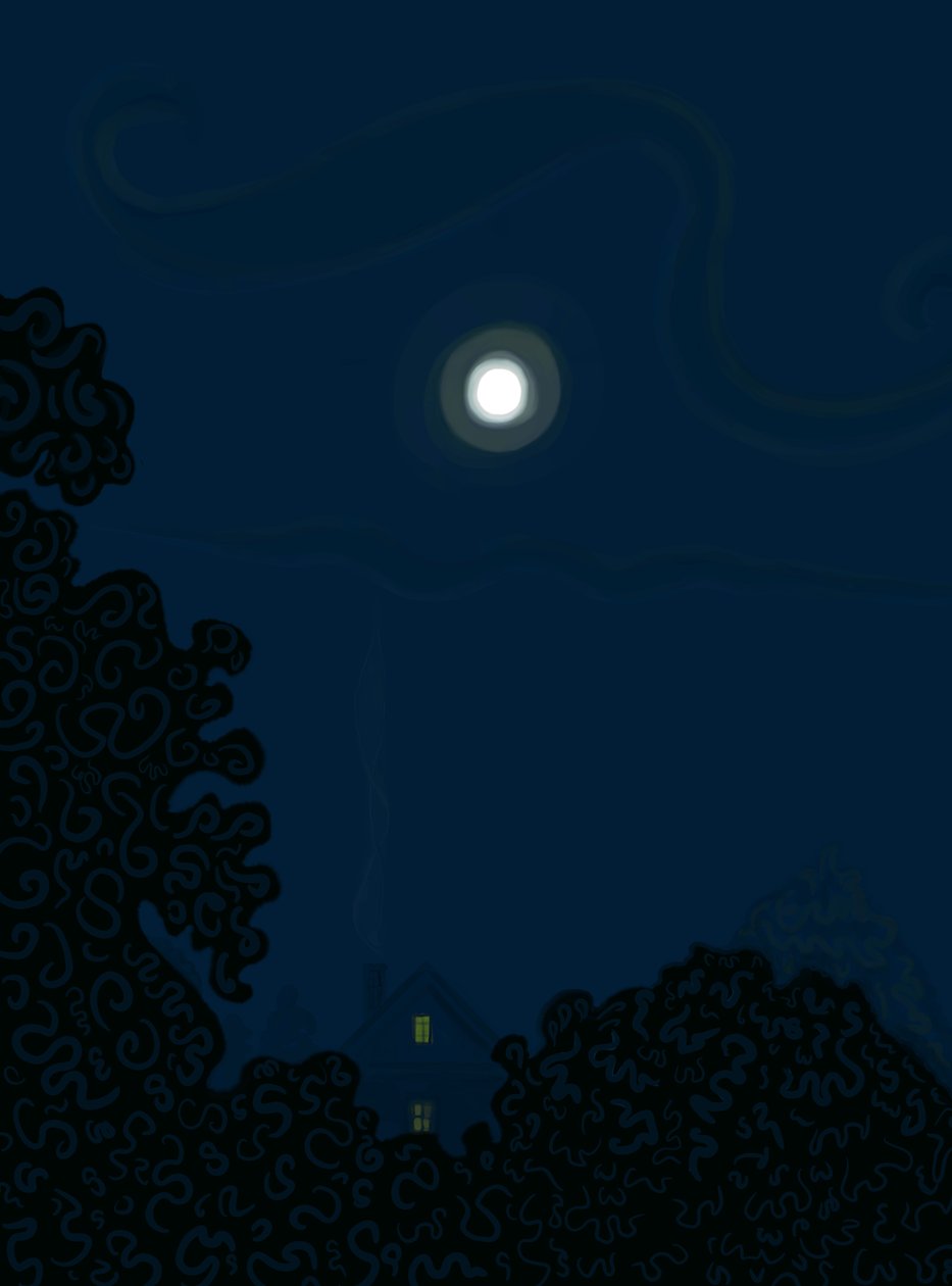Casa com empena e lua à noite Sombras de árvores (arte digital) de Evan Sklar