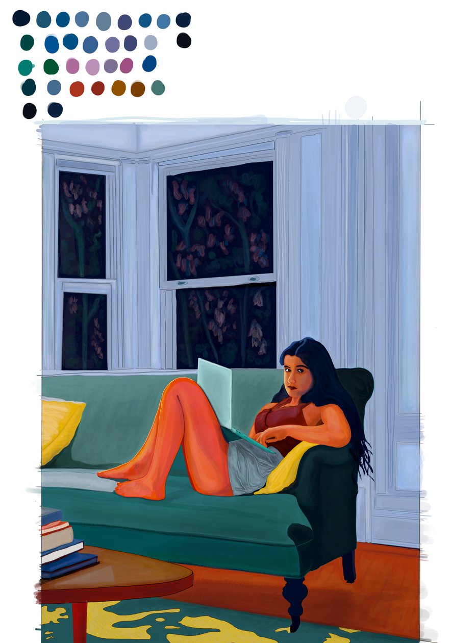 Computador portátil no colo (arte digital) de Evan Sklar
