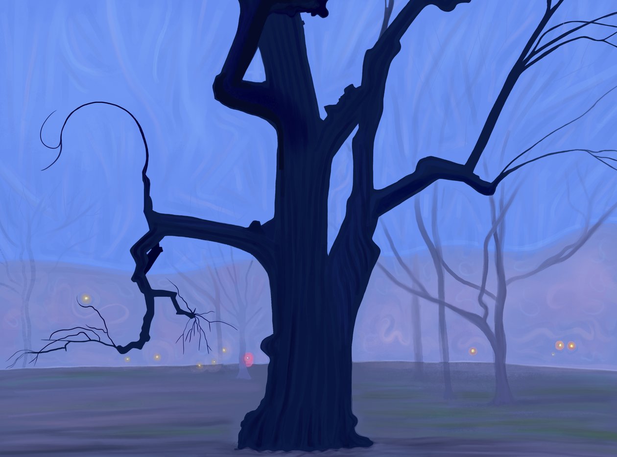 Grande árvore azul sozinha num campo, numa manhã de nevoeiro e crepúsculo, Brooklyn (arte digital) de Evan Sklar