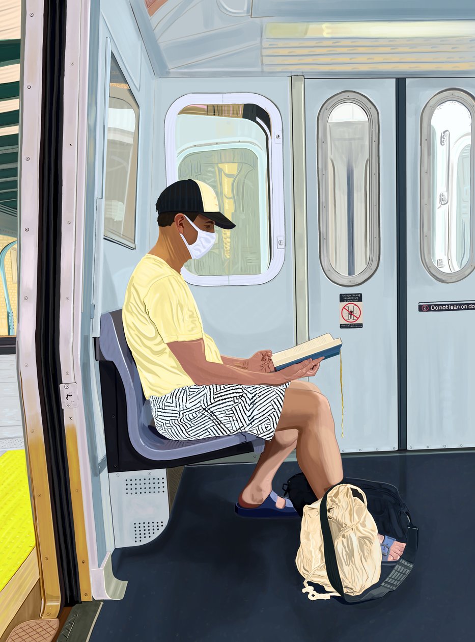 Homem de calções despidos a ler um livro no metro, c.2020-24 (arte digital) de Evan Sklar