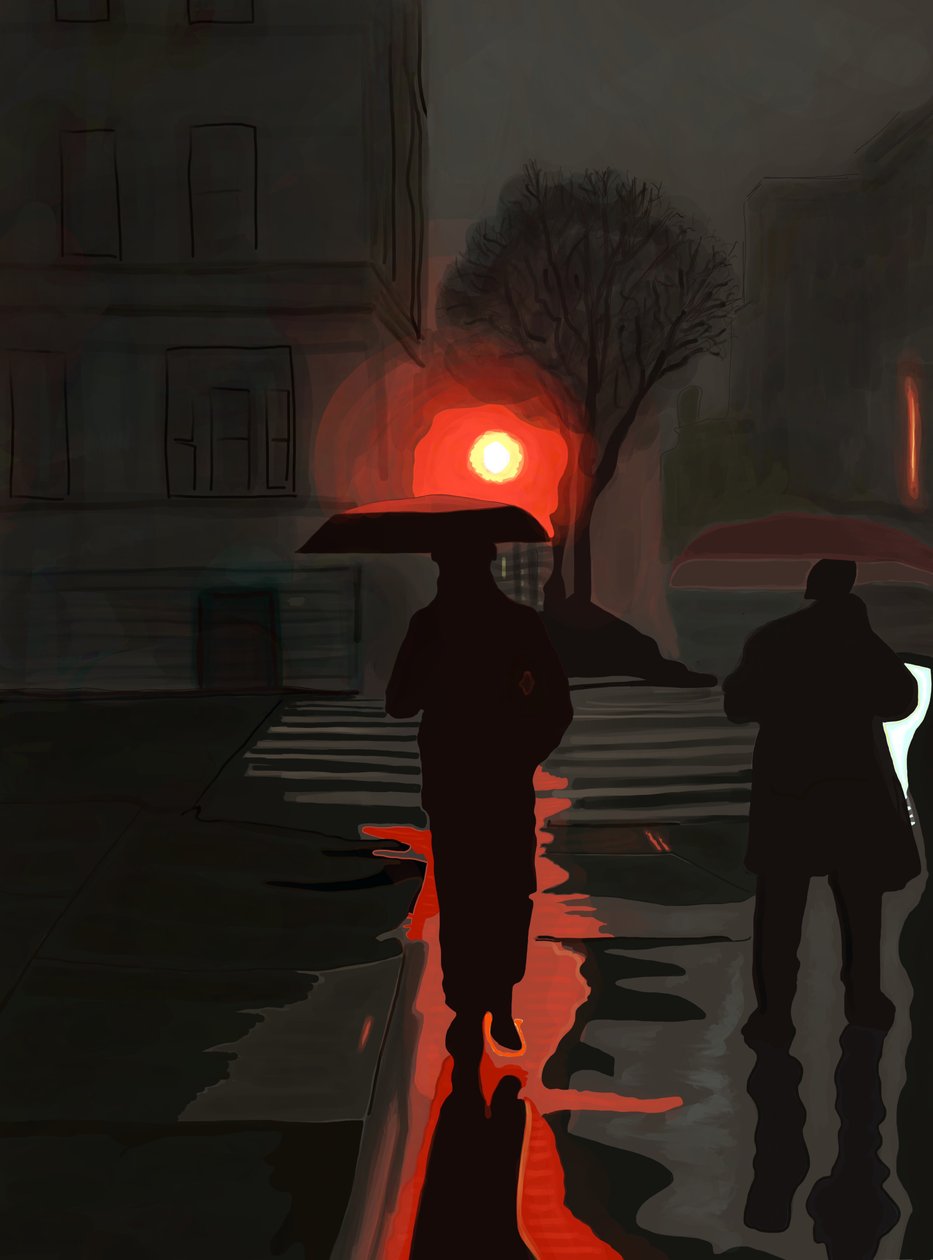 Homem a caminhar à chuva à noite (arte digital) de Evan Sklar