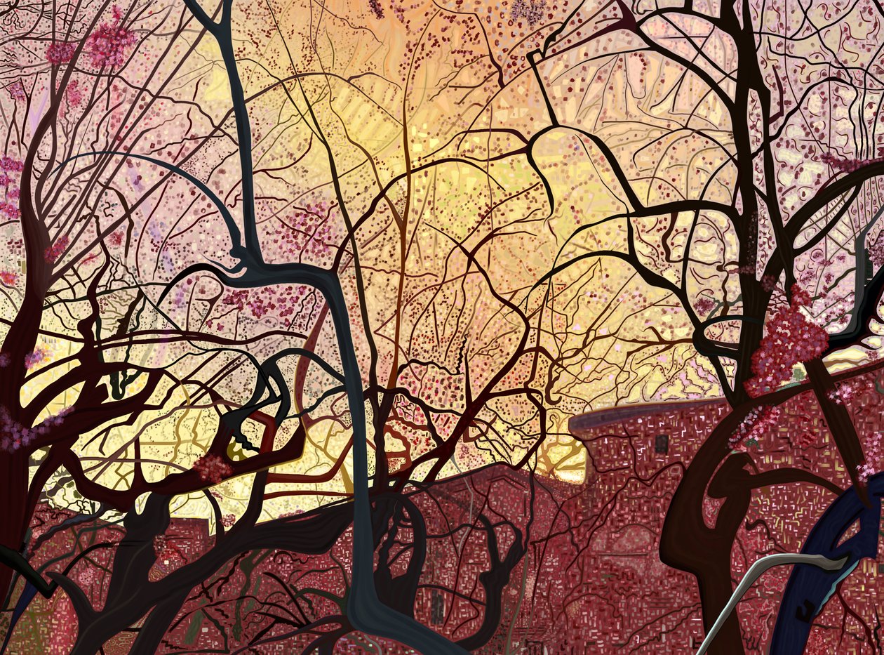 Céu cor de laranja, edifícios e árvores na primavera (arte digital) de Evan Sklar