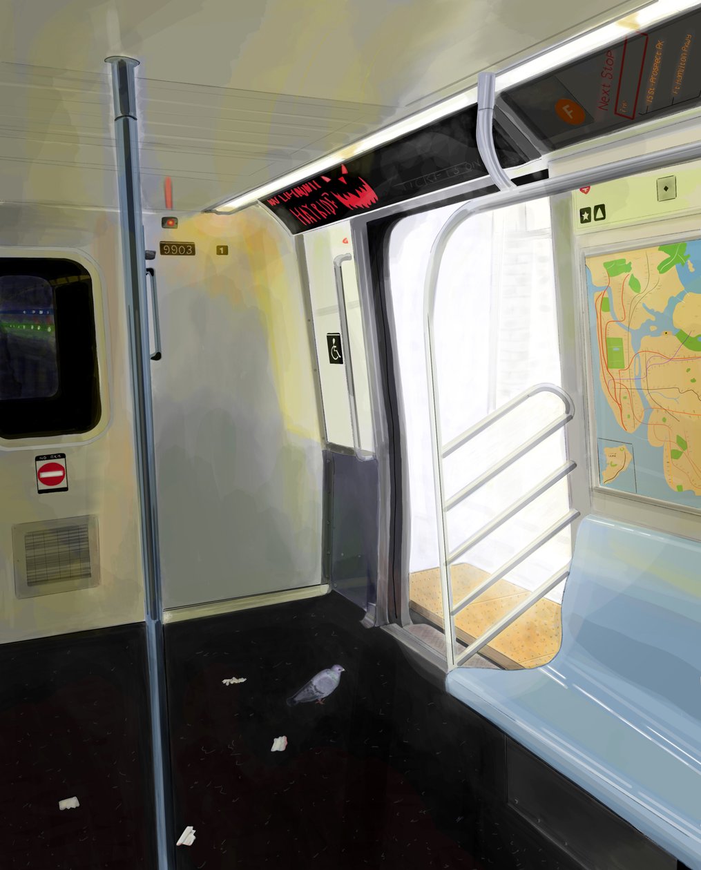 Pombo no metro (arte digital) de Evan Sklar