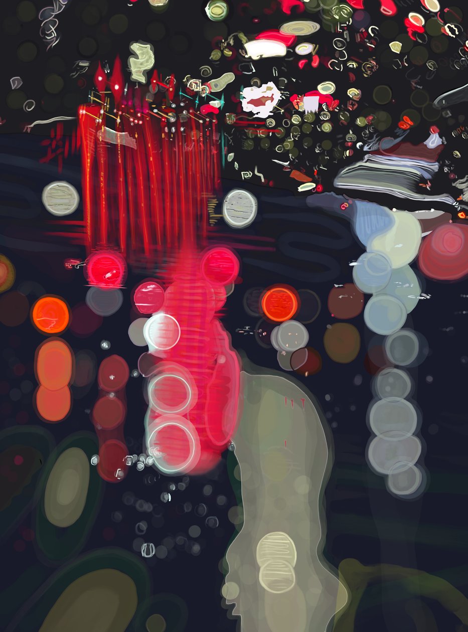 Chuva e luz reflectidas no para-brisas, Brooklyn (arte digital) de Evan Sklar