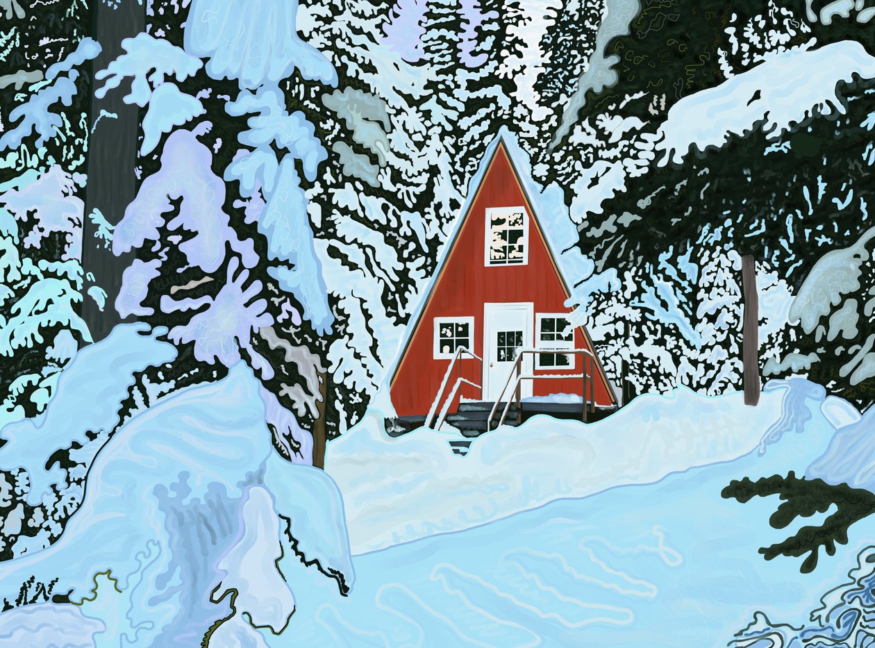 Vermelho, uma casa de molduras na neve à noite (arte digital) de Evan Sklar