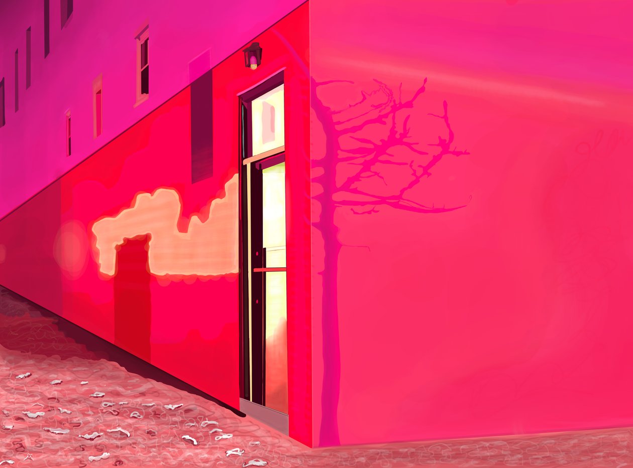 Luz vermelha da sirene e sombras de uma pequena árvore na lateral de um edifício na rua 12 numa noite de neve (arte digital) de Evan Sklar