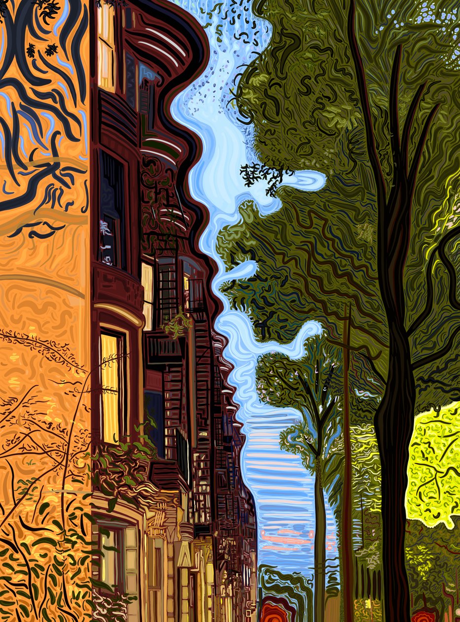 Linha do telhado e linha das árvores ao pôr do sol. (arte digital) de Evan Sklar