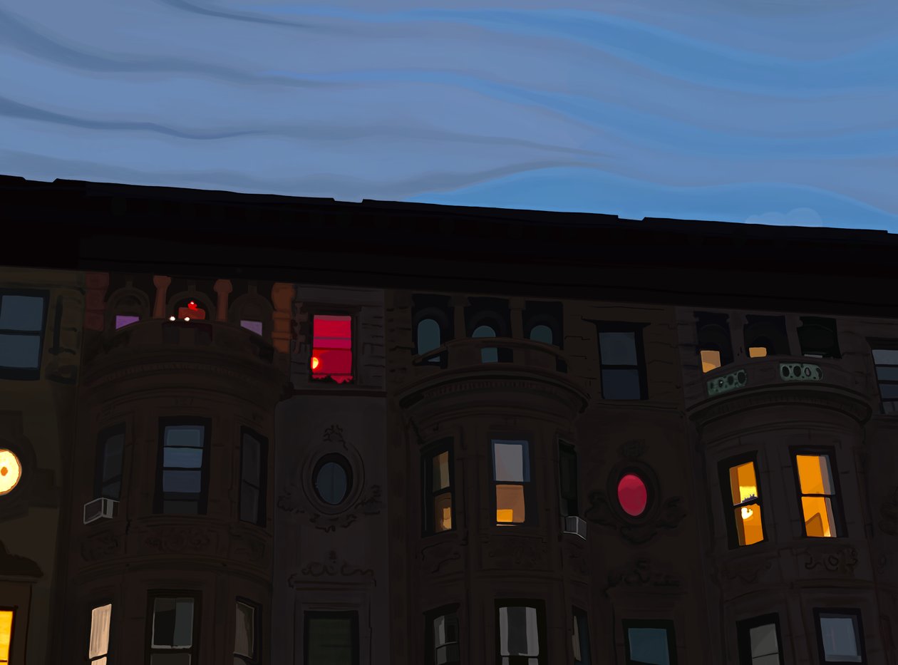Casas geminadas com janelas coloridas e iluminadas, Brooklyn (arte digital) de Evan Sklar