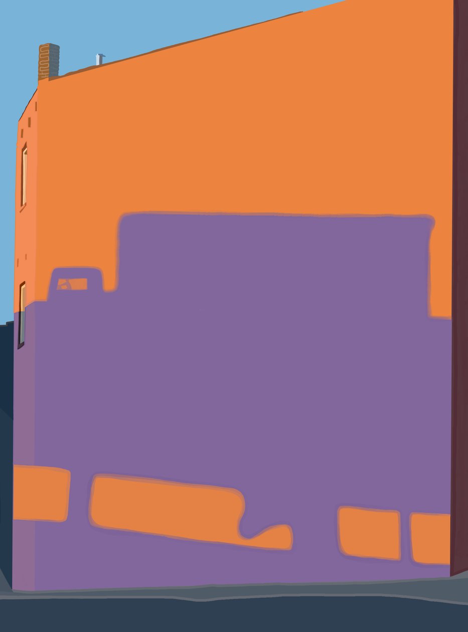 Sombra de camião de uma autoestrada elevada na lateral de um edifício. (arte digital) de Evan Sklar