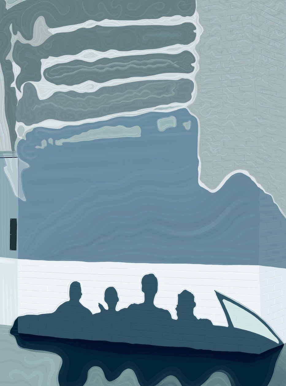 Sombra de carro e passageiros na fachada de um hotel, c.2020-24 (arte digital) de Evan Sklar