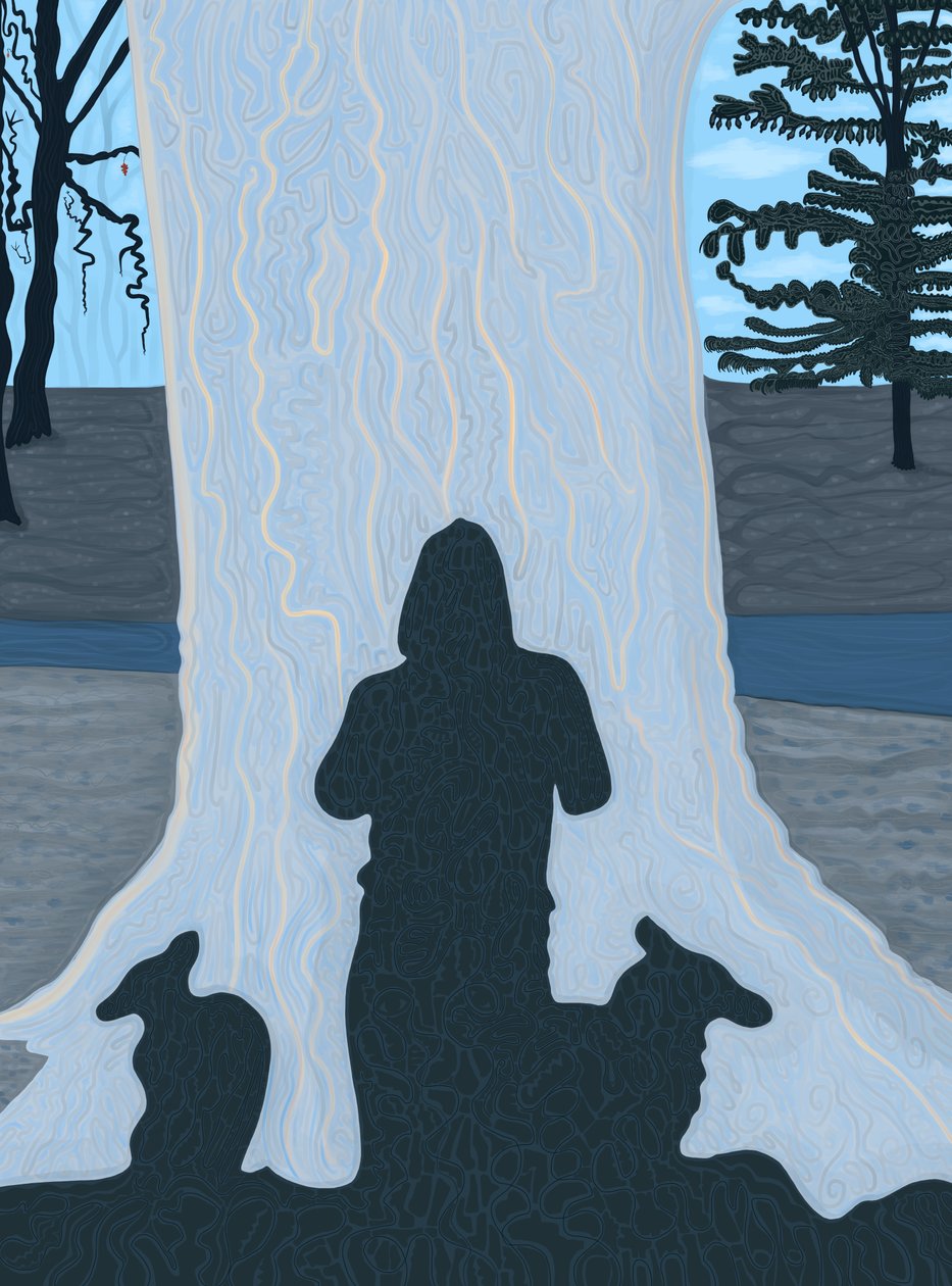 Sombra de homem e cães num tronco de árvore grande, Brooklyn (arte digital) de Evan Sklar