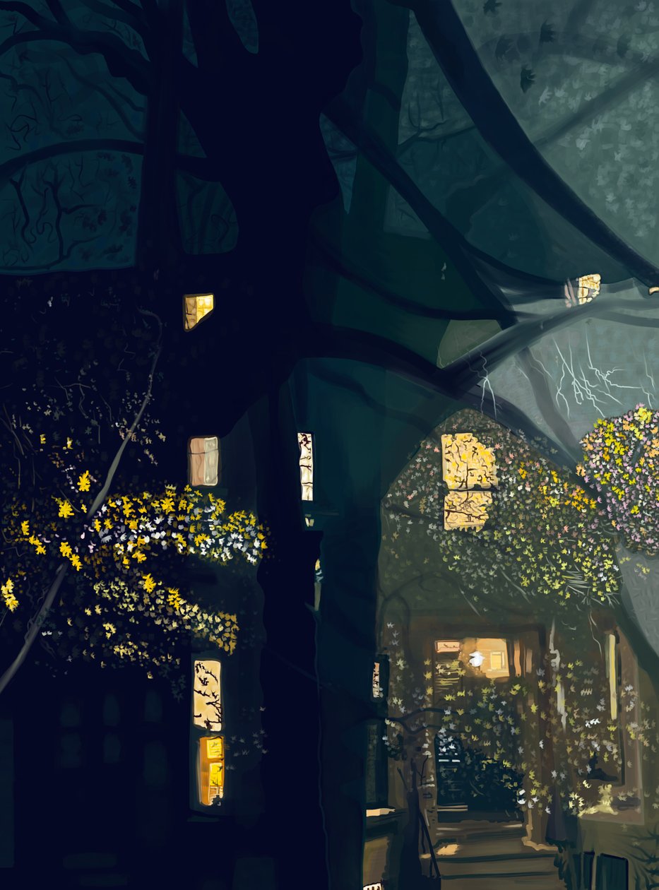 Sombras na janela e vista para o outro lado da rua à noite (arte digital) de Evan Sklar