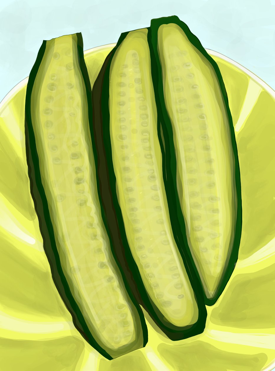 Pepinos fatiados num prato (arte digital) de Evan Sklar