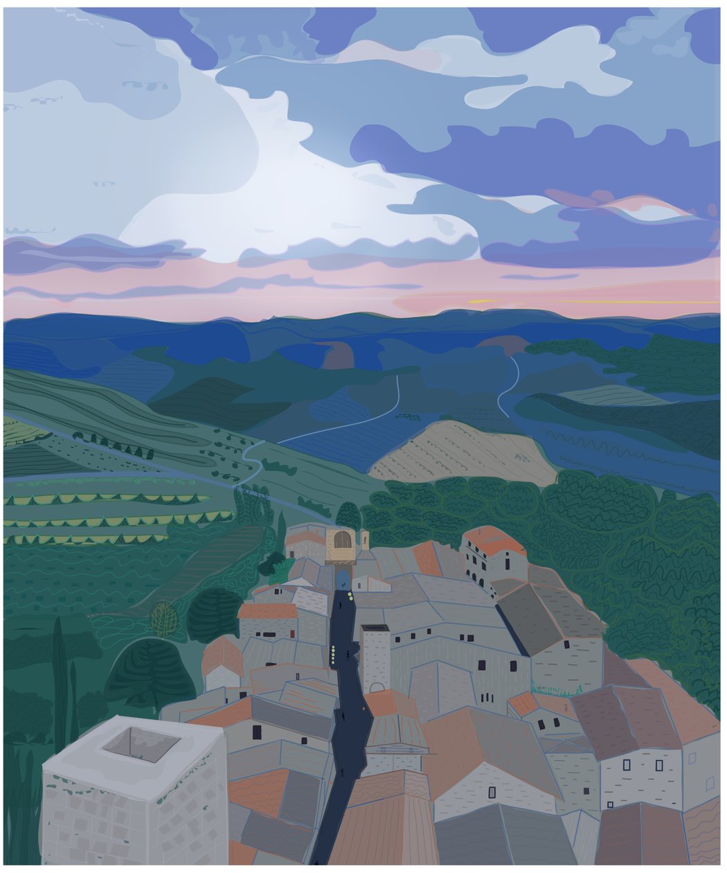 Pequena aldeia na Toscânia, 2015 (desenhado à mão num iPad com um lápis Apple) de Evan Sklar