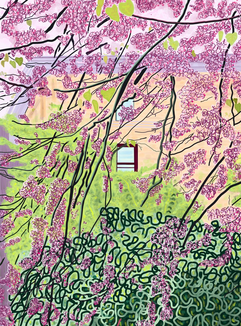 Árvores primaveris e edifício de apartamentos, parque Prospekt (arte digital) de Evan Sklar