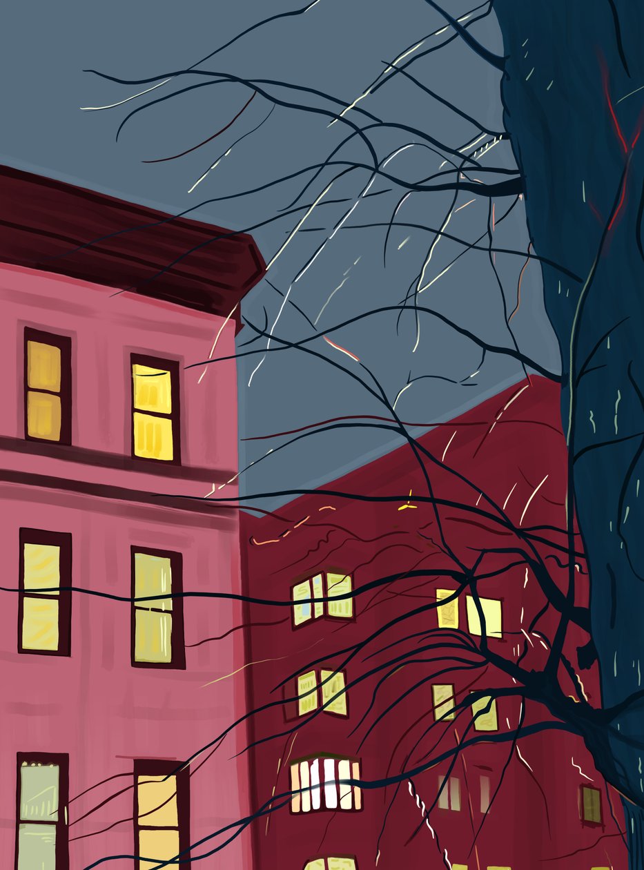 Esquilo numa árvore numa noite de chuva, c.2020-24 (arte digital) de Evan Sklar