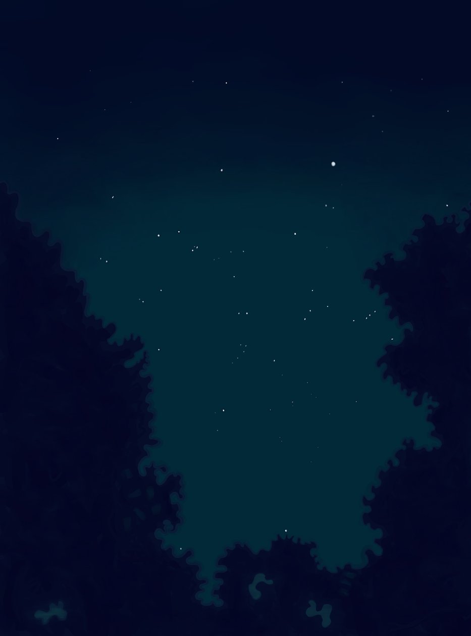 Estrelas no céu à noite e contorno de árvores (arte digital) de Evan Sklar