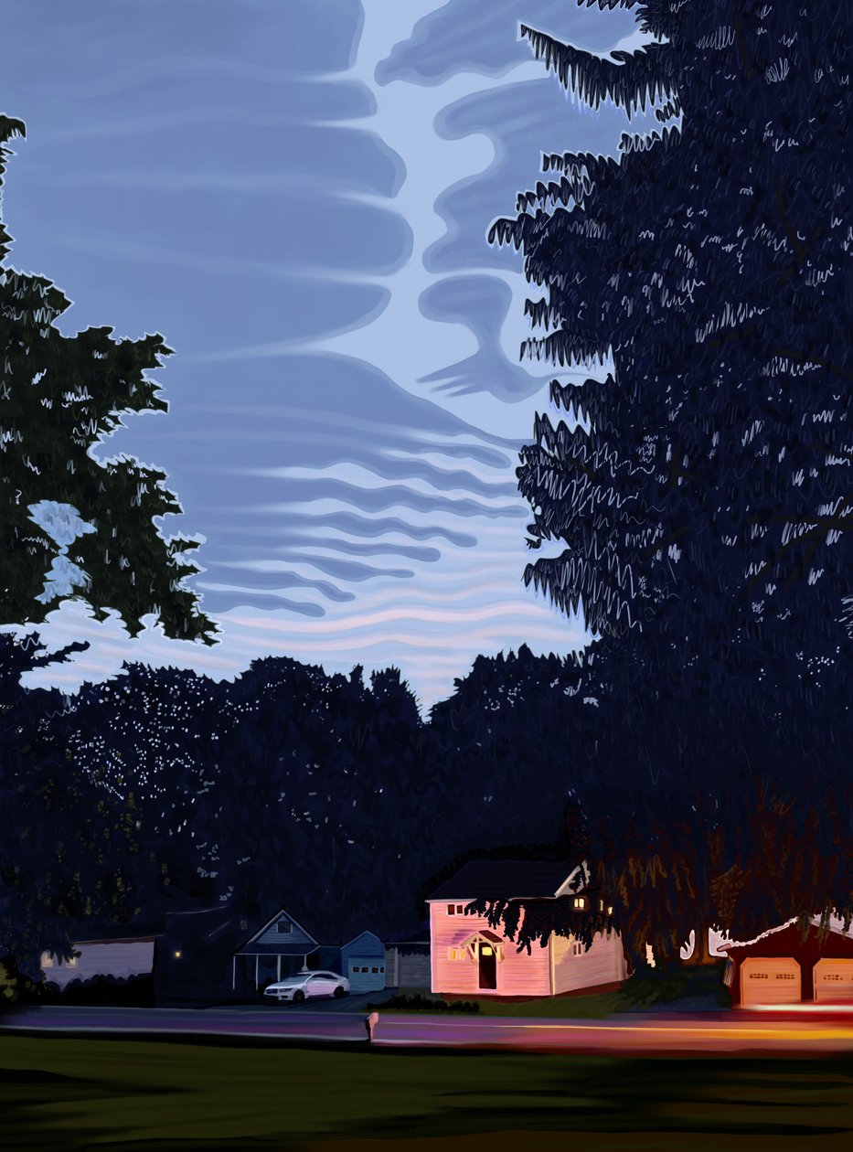 Rua e casas com grandes árvores em Hamilton, Nova Iorque, ao anoitecer (arte digital) de Evan Sklar