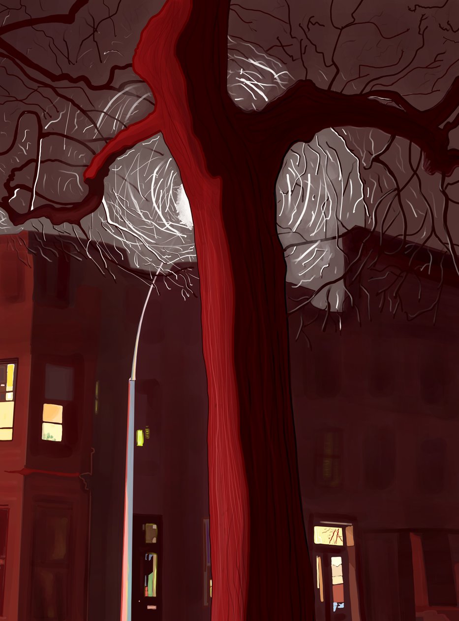 Rua e árvore à noite iluminadas por sirenes e candeeiro de rua (arte digital) de Evan Sklar