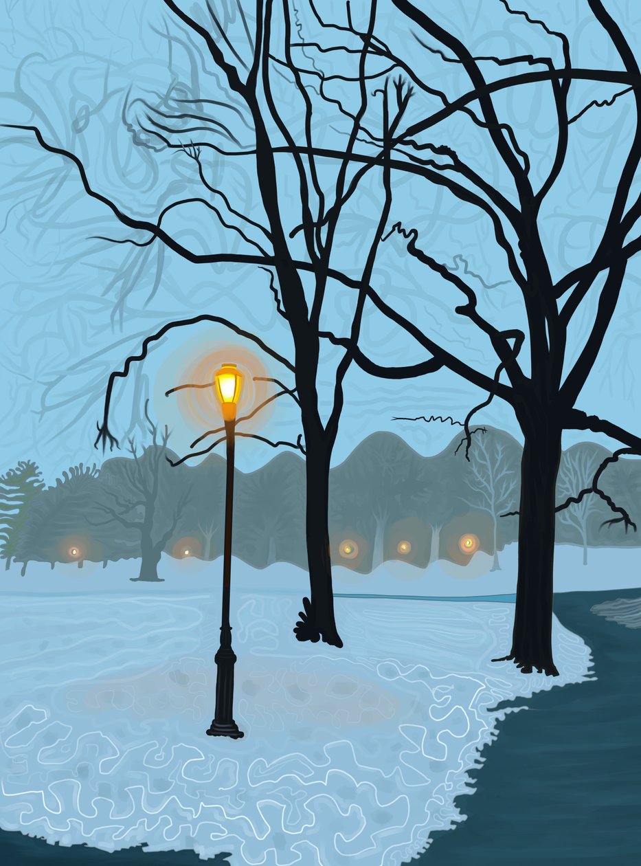Árvore reflectida numa poça de neve derretida, Brooklyn (arte digital) de Evan Sklar