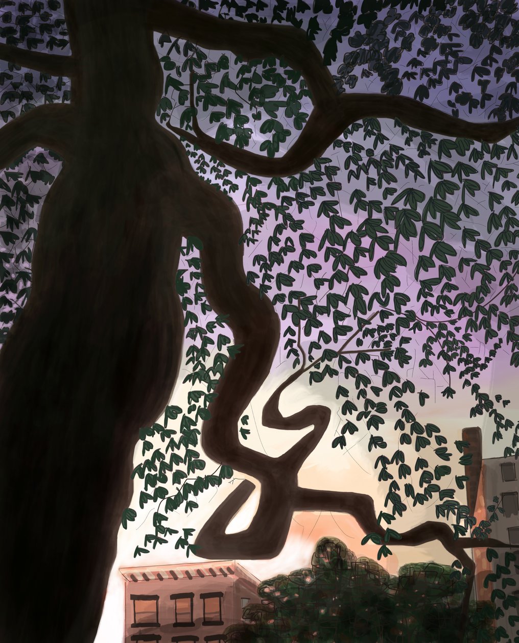 Tree and Avenue At Dusk, 2016 (desenhado à mão num iPad com um lápis Apple) de Evan Sklar