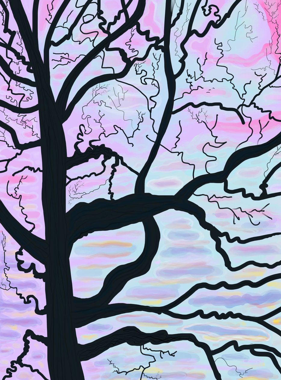 Árvores e ramos ao amanhecer, França (arte digital) de Evan Sklar