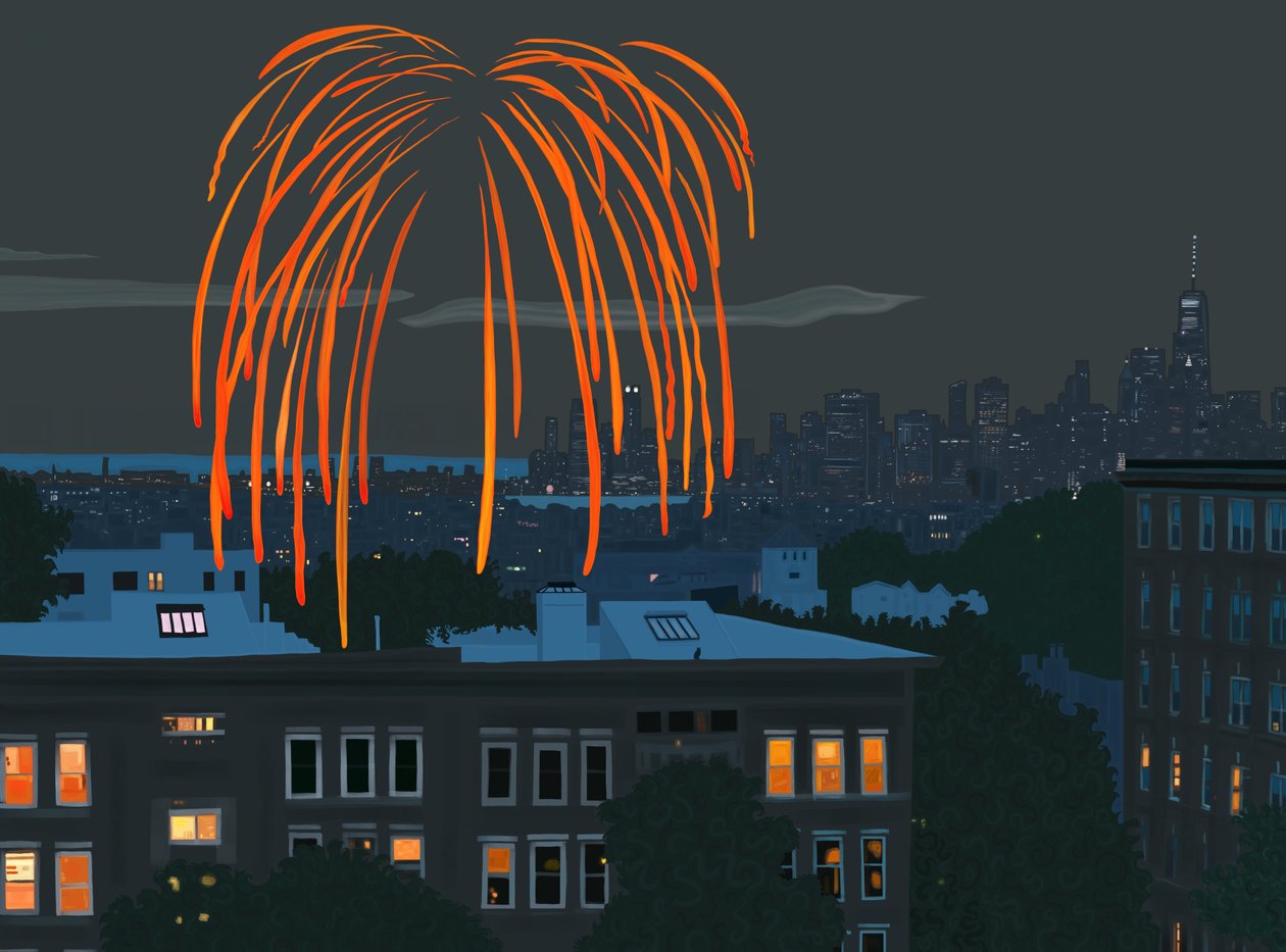 Vista do porto de Nova Iorque e da linha do horizonte com fogo de artifício vista de Brooklyn (arte digital) de Evan Sklar