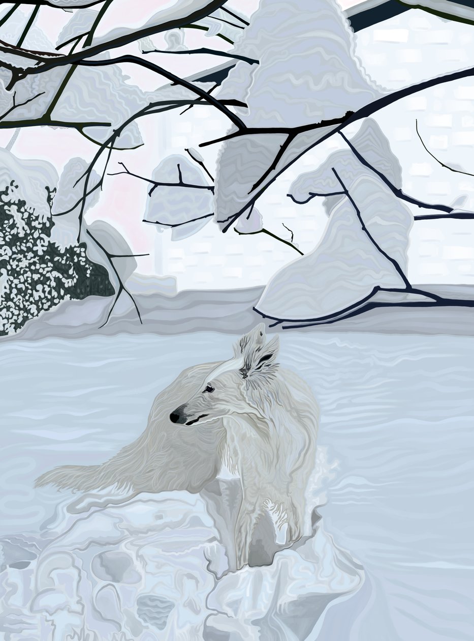 Cão branco na neve (arte digital) de Evan Sklar
