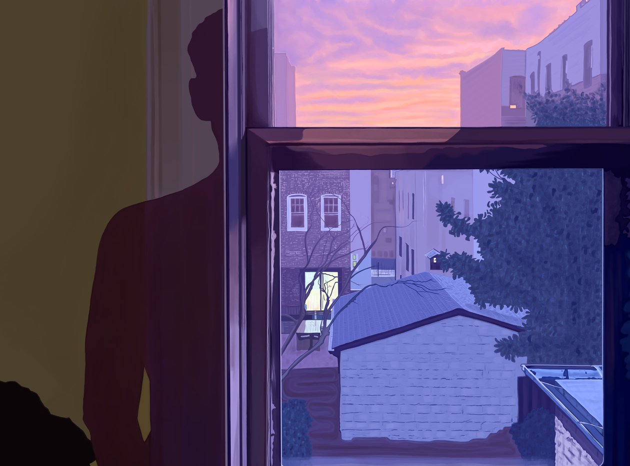 Janela e a minha sombra na parede ao pôr do sol (arte digital) de Evan Sklar