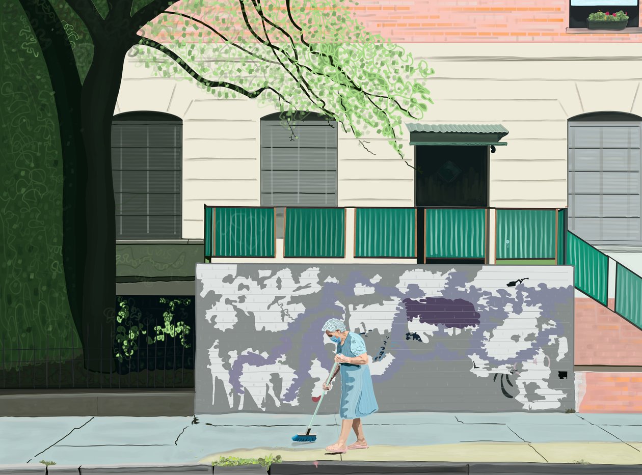 Mulher a varrer o passeio, Brooklyn (arte digital) de Evan Sklar