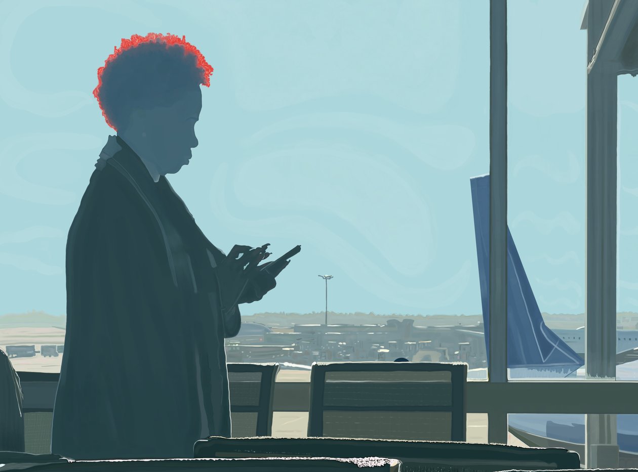 Mulher à espera no aeroporto (arte digital) de Evan Sklar
